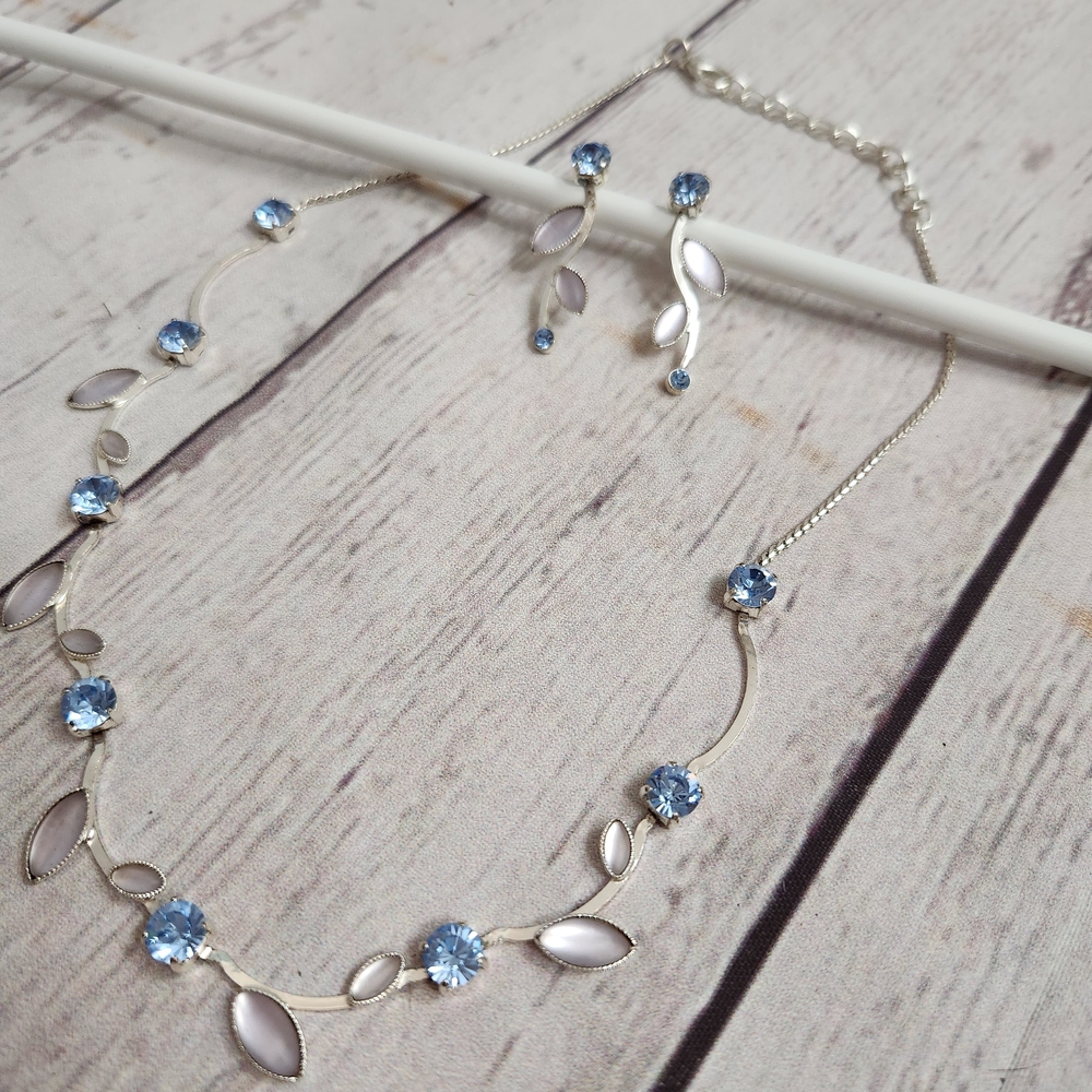 Silver Necklace and Earrings Set with Light Blue Crystals